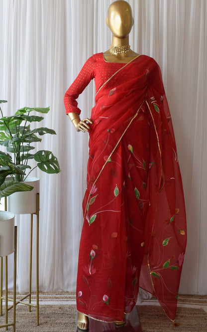 Red Color Handwork Digital Print Organza Saree