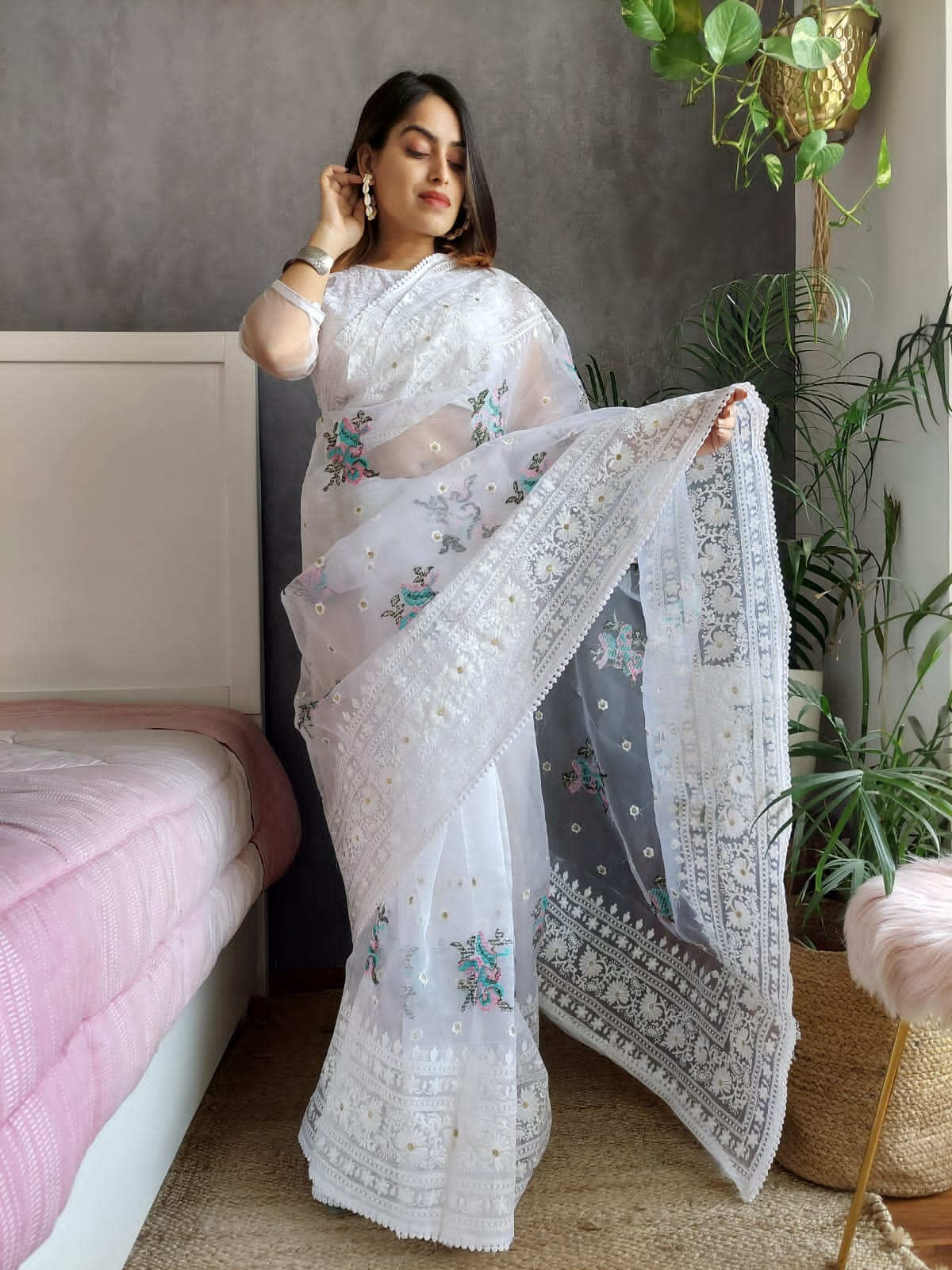 White Color Thread Flower Work Organza Silk Saree