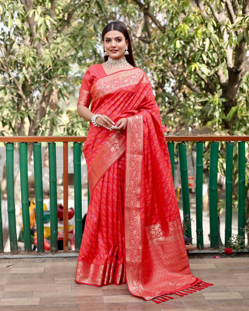 Traditional Patola Silk With Bandhani Designed Red Color Saree