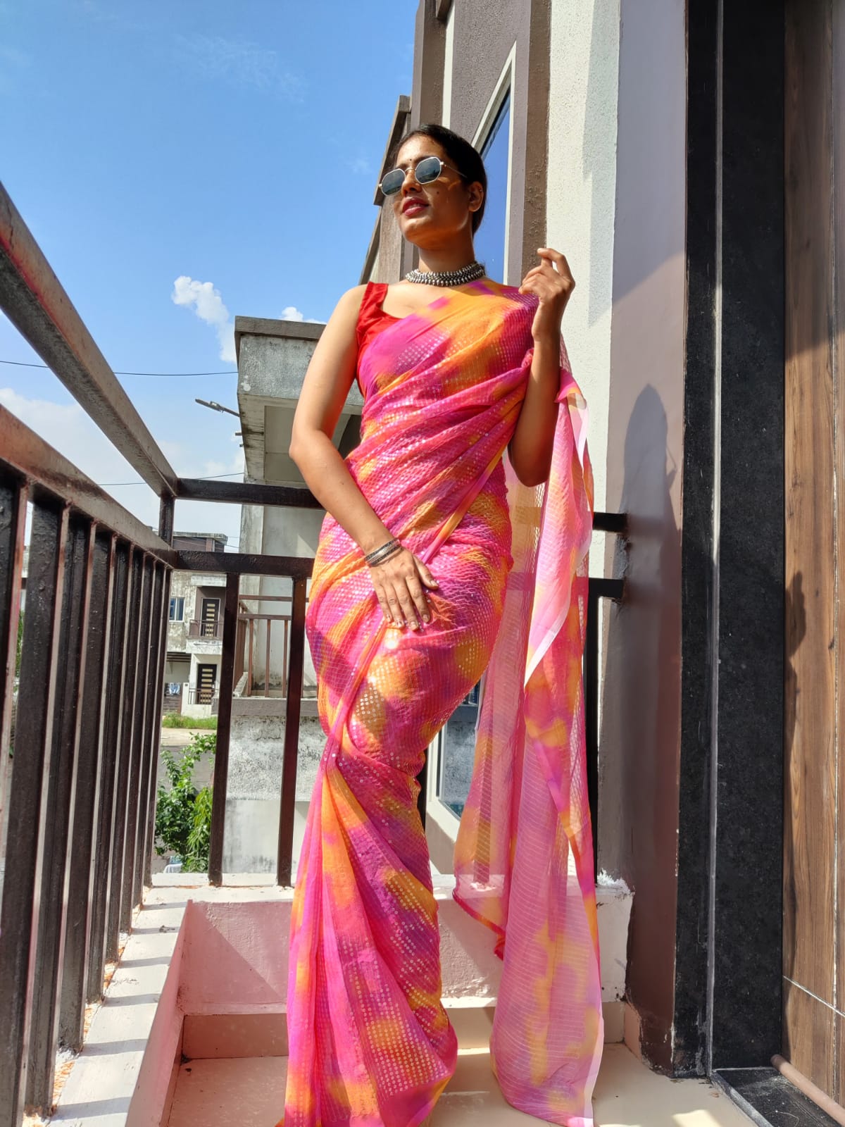 Tie And Dye Ready To Wear Pink Color Saree