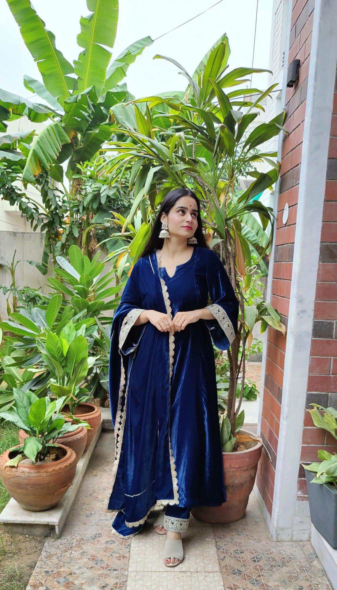 Luxuriant Blue Color Velvet Anarkali Suit With Dupatta