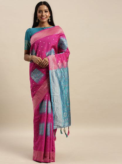 Amazing Pink And Blue Color Banarasi Silk Saree