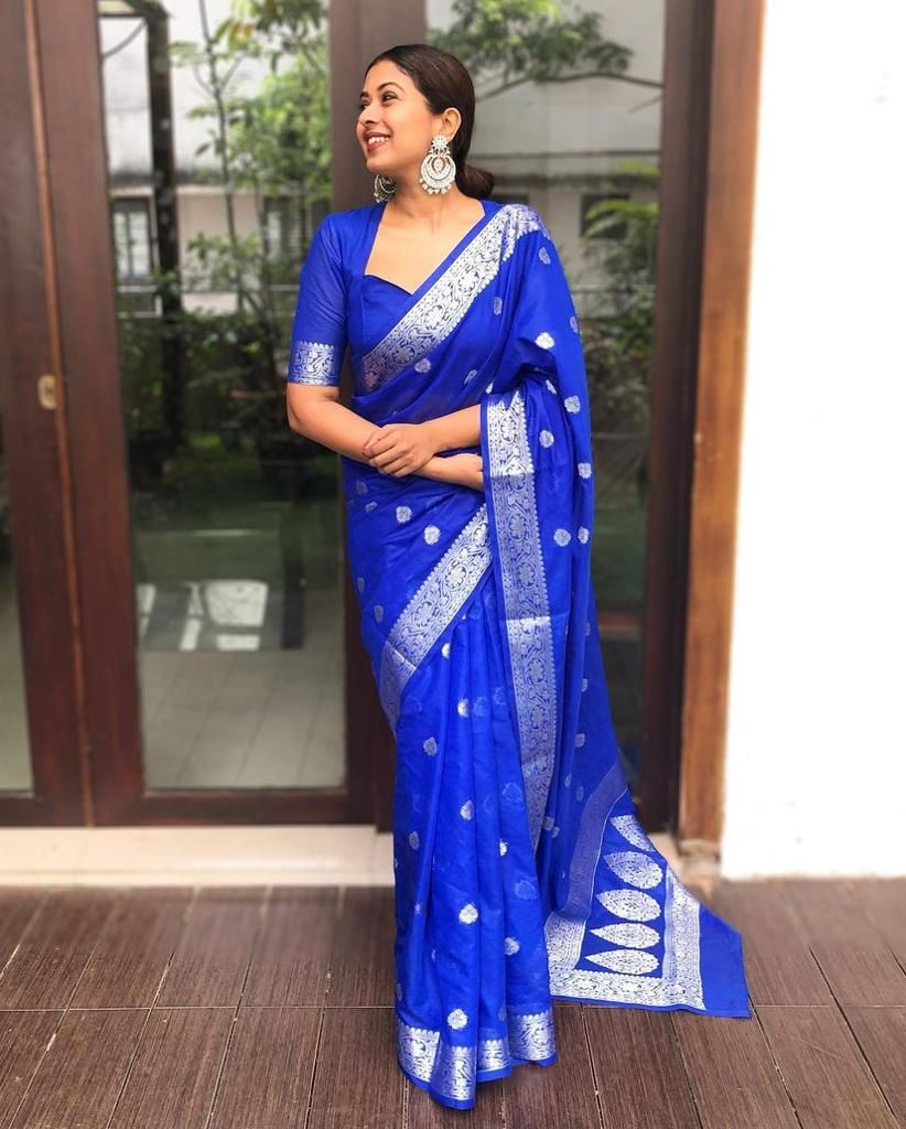 Fashionable Blue Color Silver Design Silk Saree