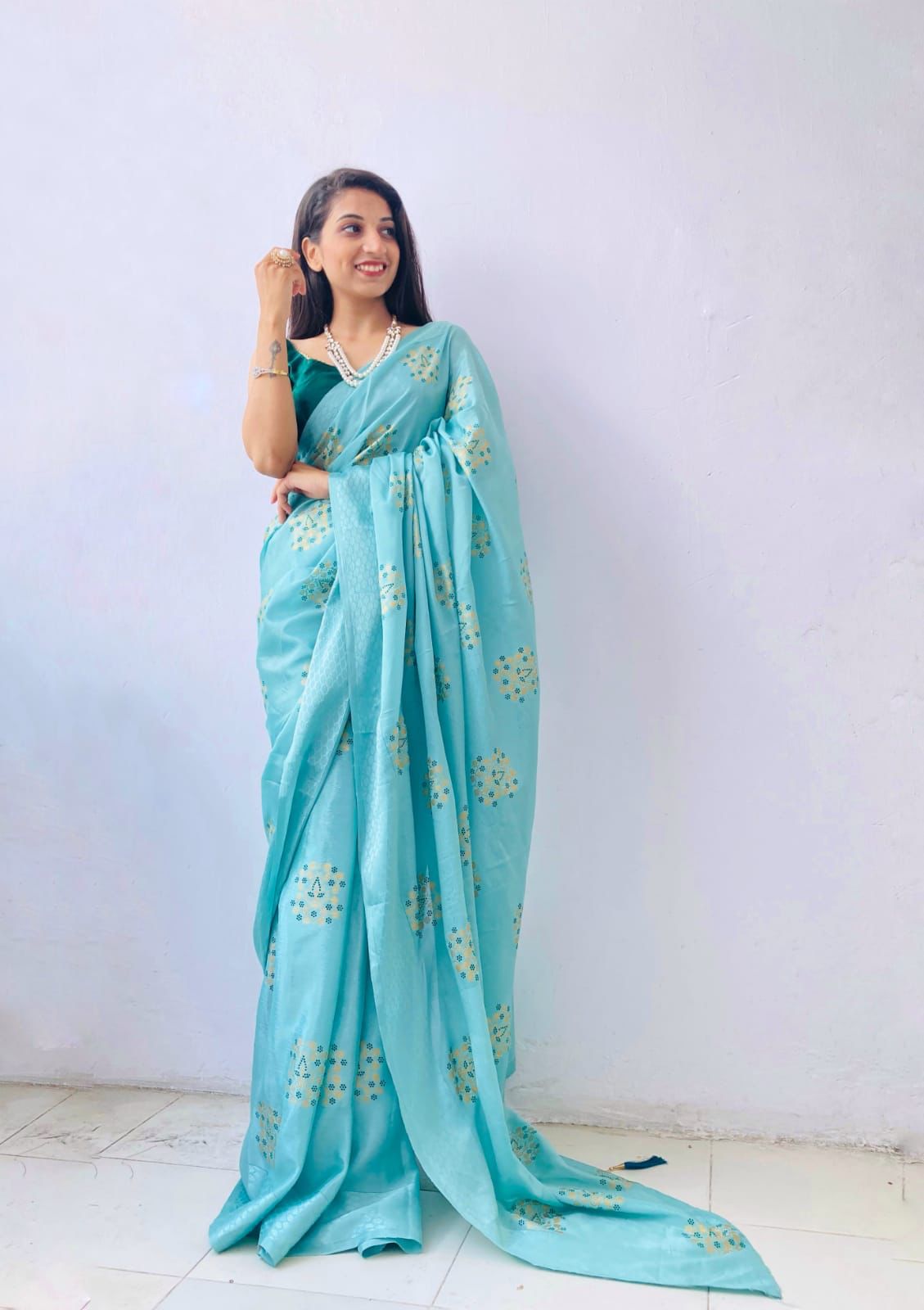 Party Wear Sky Blue Color Foil Print Saree