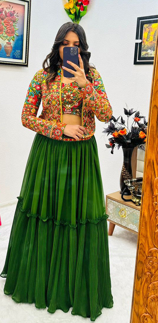 Stylish Green With Multi Work Lehenga Choli With Jacket