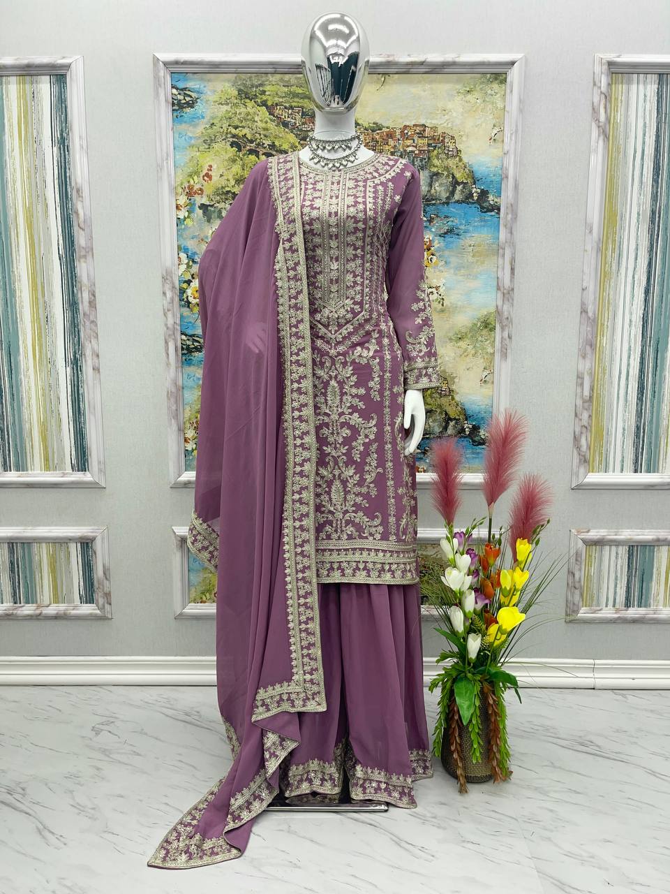 Dusty Pink Color Beautiful Work Sharara Suit