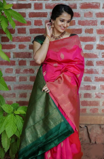 Outstanding Pink And Green Banarasi Saree