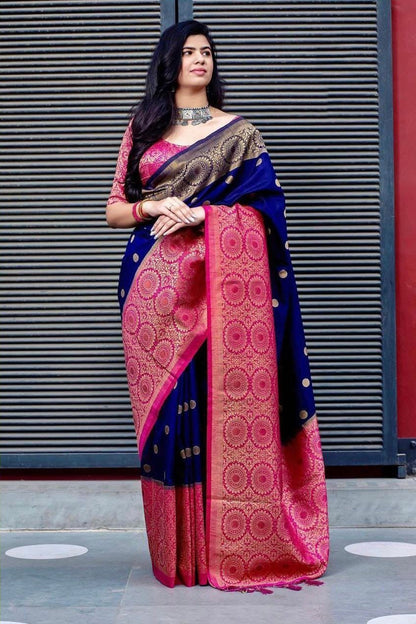 Festive Wear Navy Blue With Pink Color Silk Saree