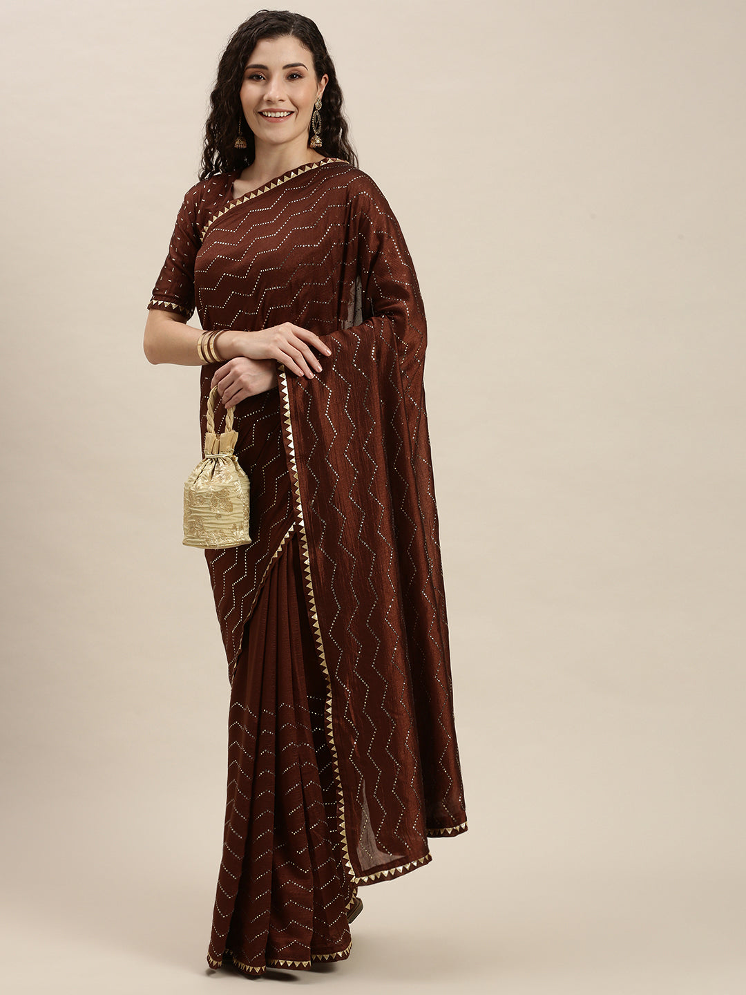 Stunning Brown Gold Beads and Stones Work Art Silk Saree