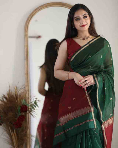 Linen Cotton Silk Green Color Saree With Maroon Border