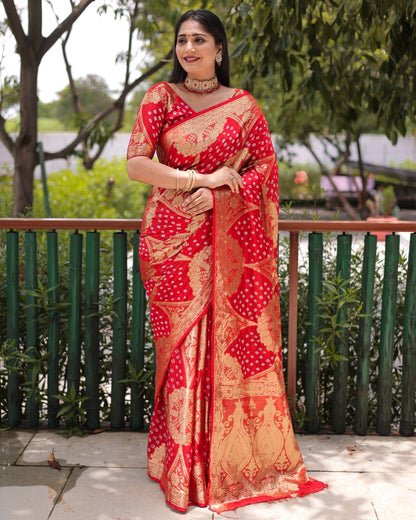 Bandhej Silk Red Color Beautiful Design Rich Pallu Saree