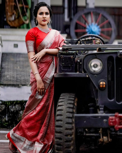 Blissful Red Color Rich Pallu Jacquard Border Saree