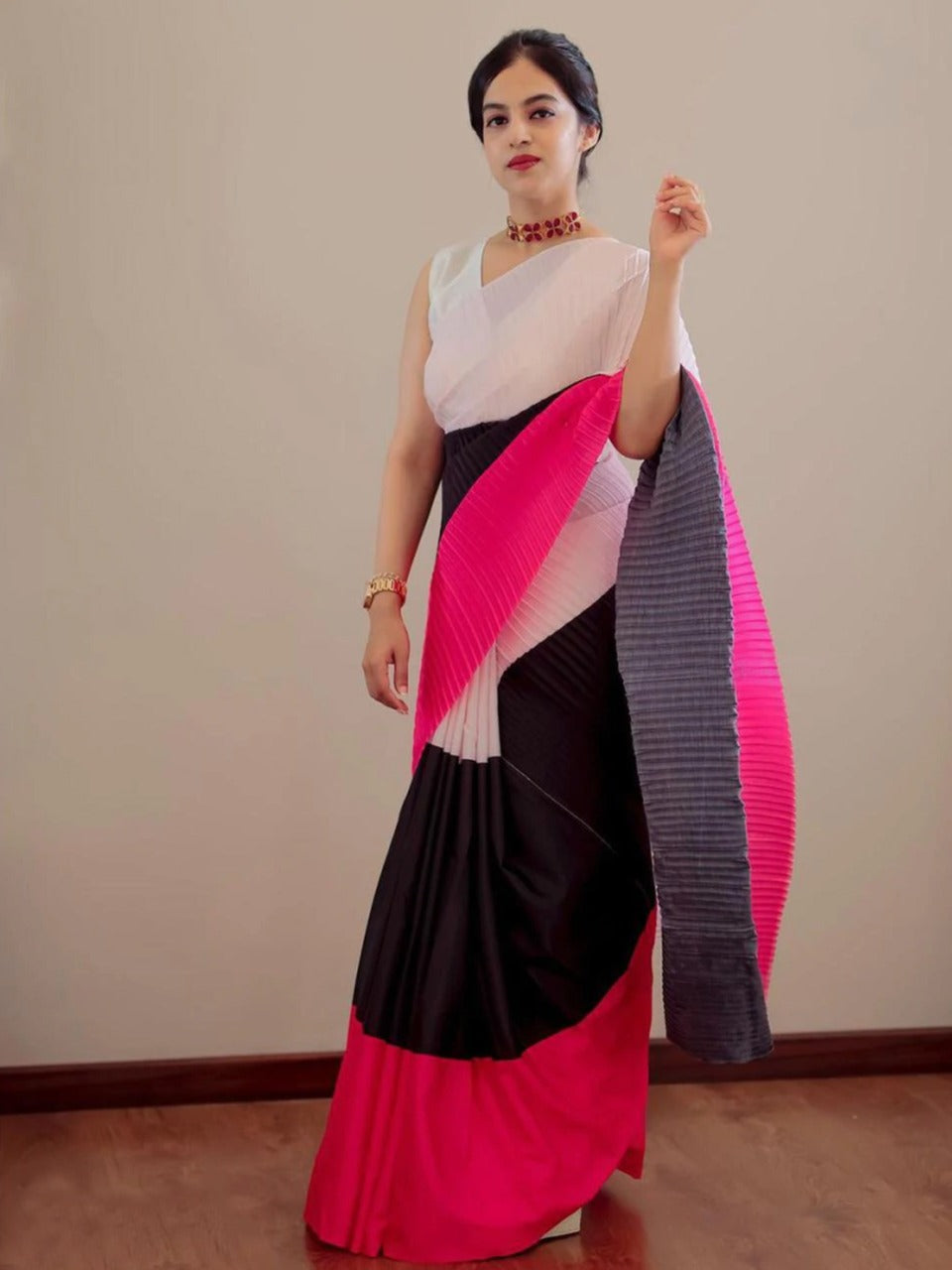Black-white With Red Pleated Party Wear Saree