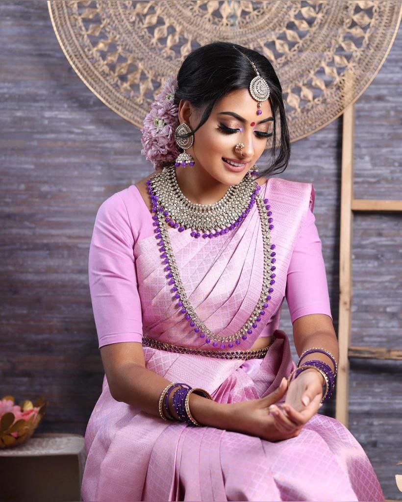 Mesmerizing Light Pink Color Silver Work Saree