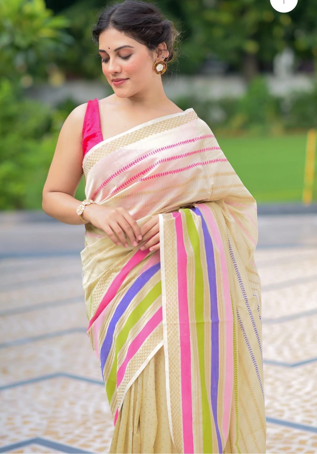 Designer Off White On Multi-color Striped Saree