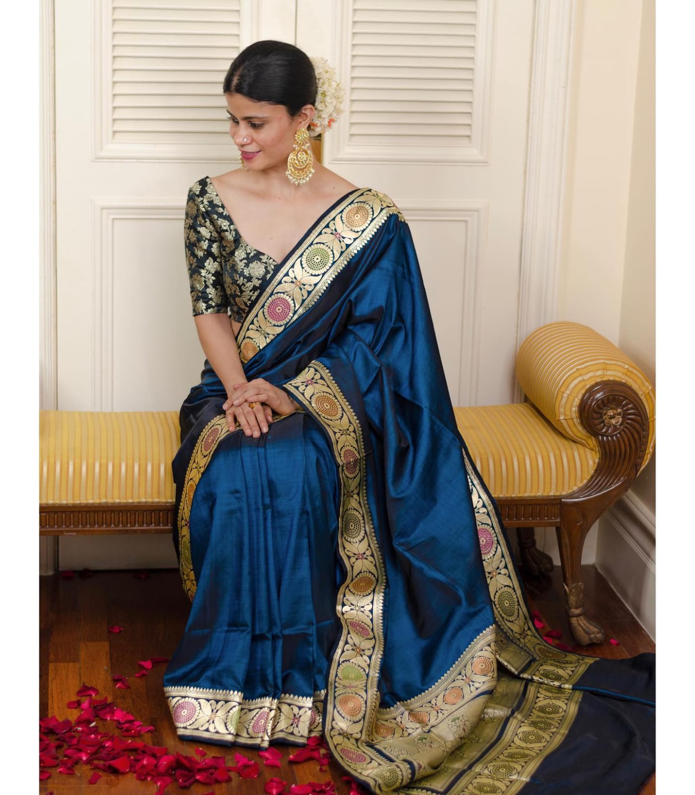 Amazing Blue Color Golden Work Lichi Silk Saree