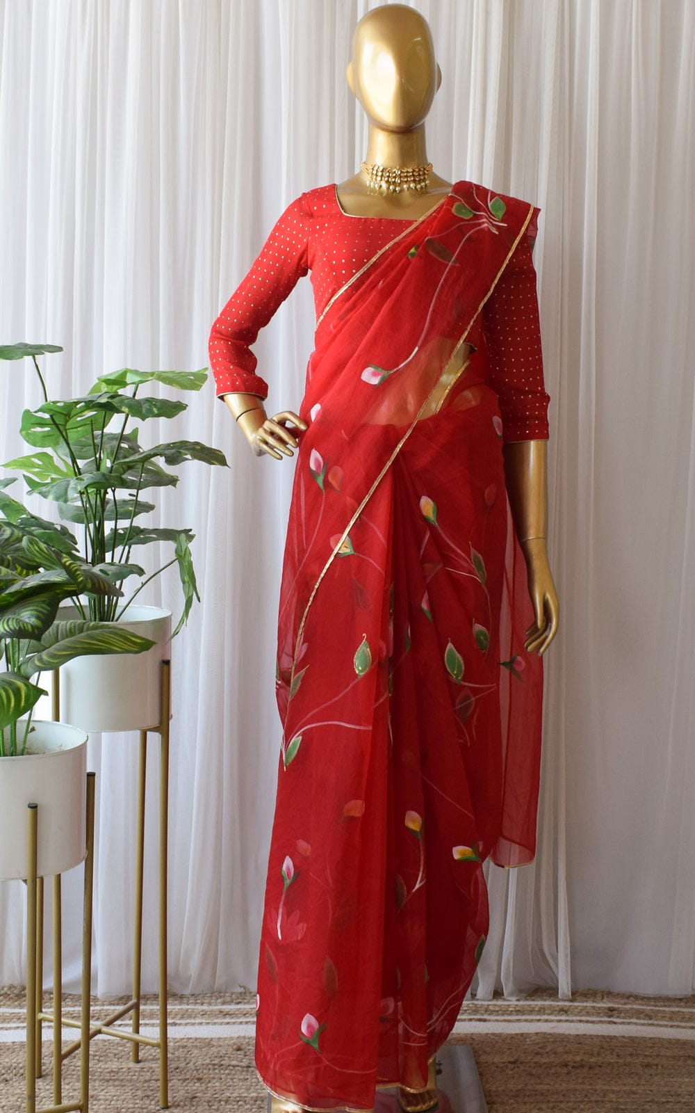 Red Color Handwork Digital Print Organza Saree