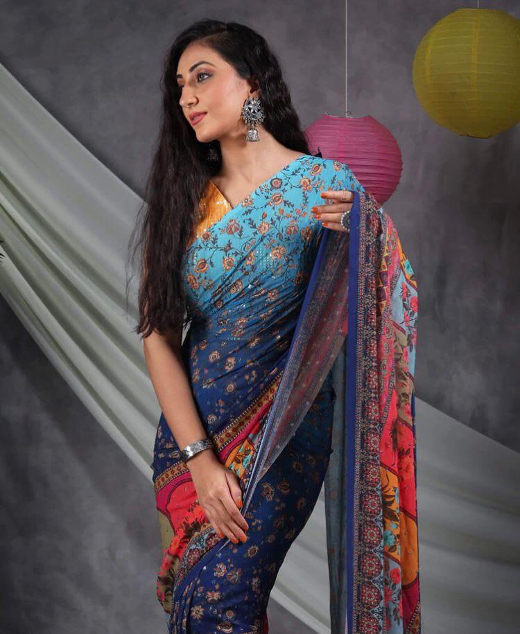 Multi Color Sequence Crochet Work Opulent Saree