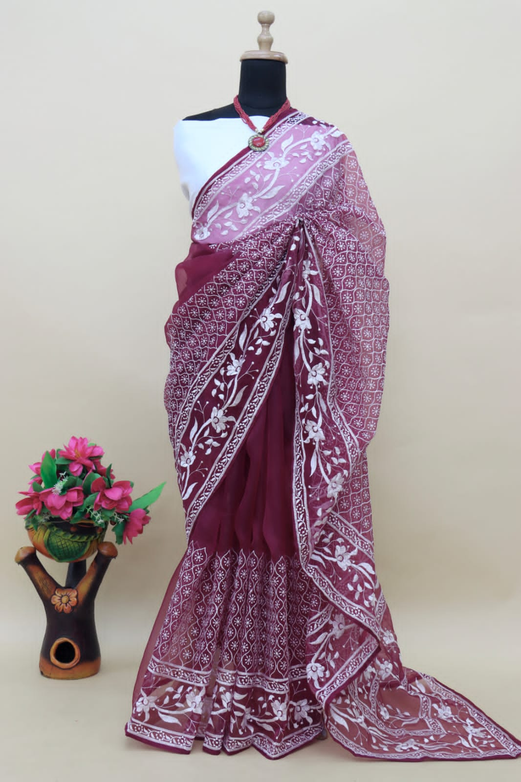 Organza Wine Color Embroidery Work Saree