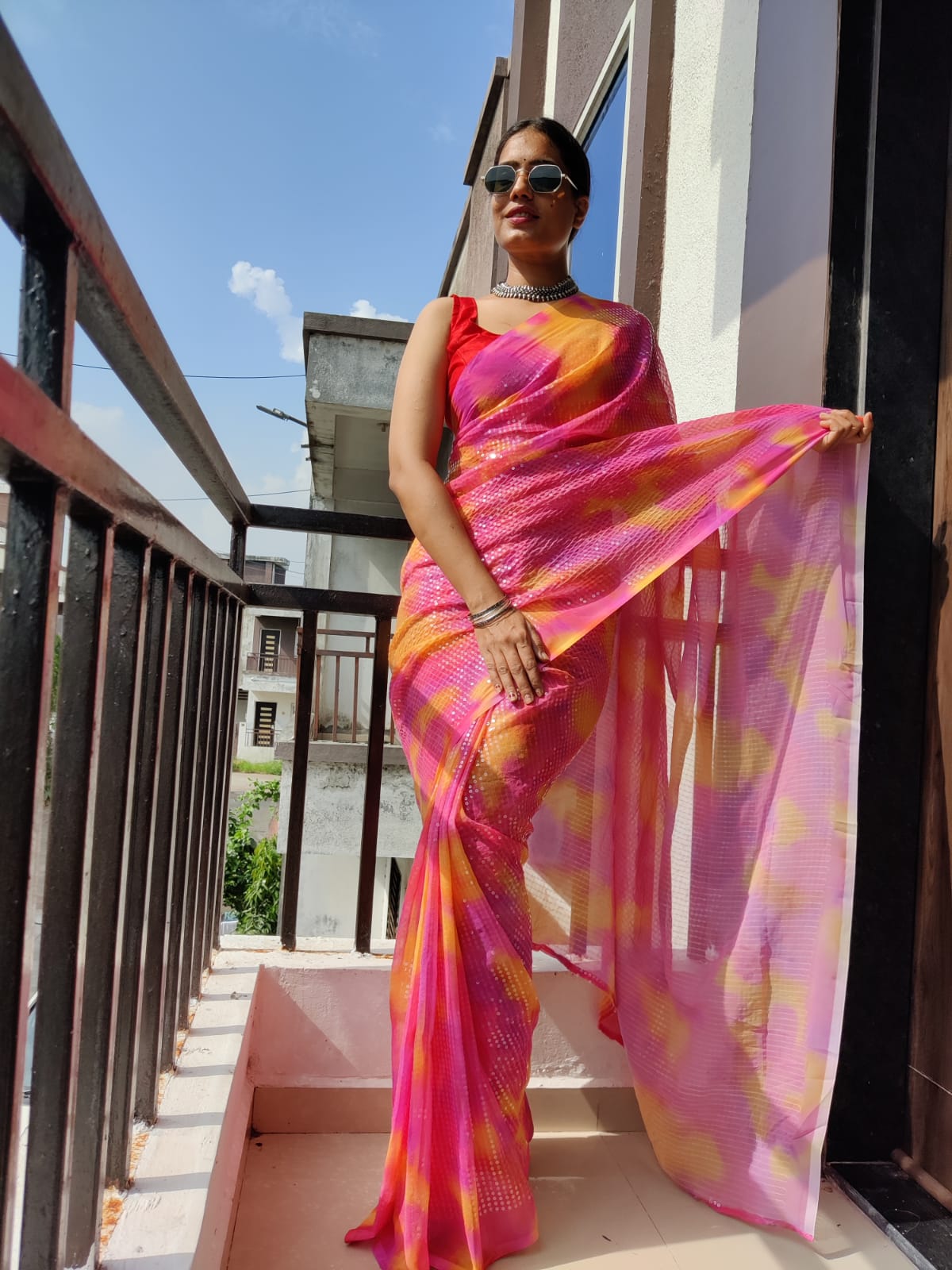 Tie And Dye Ready To Wear Pink Color Saree