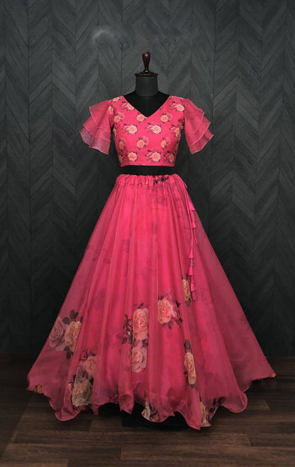 Full-Stitched Flower Print Pink Top With Lehenga