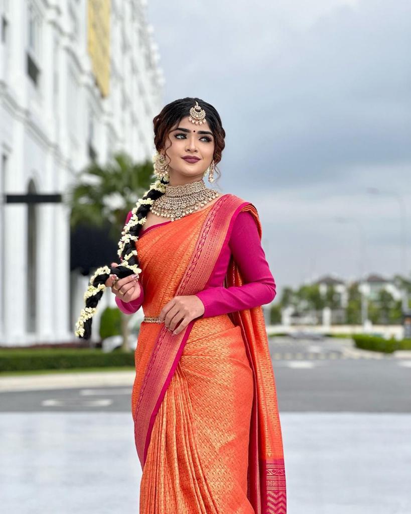 Pink And Orange Color Golden Work Saree