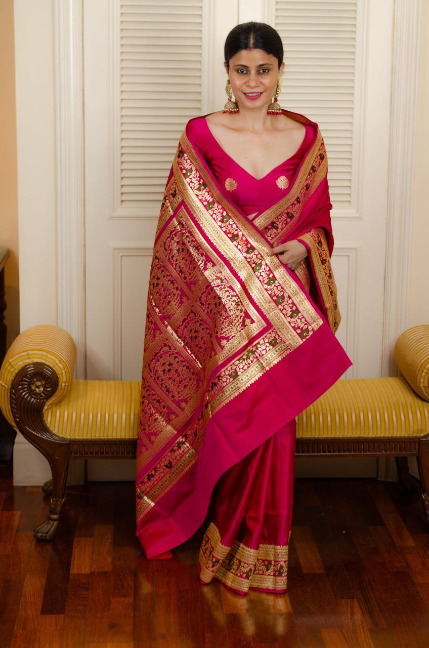 Wedding Wear Dark Pink Jacquard Border Saree