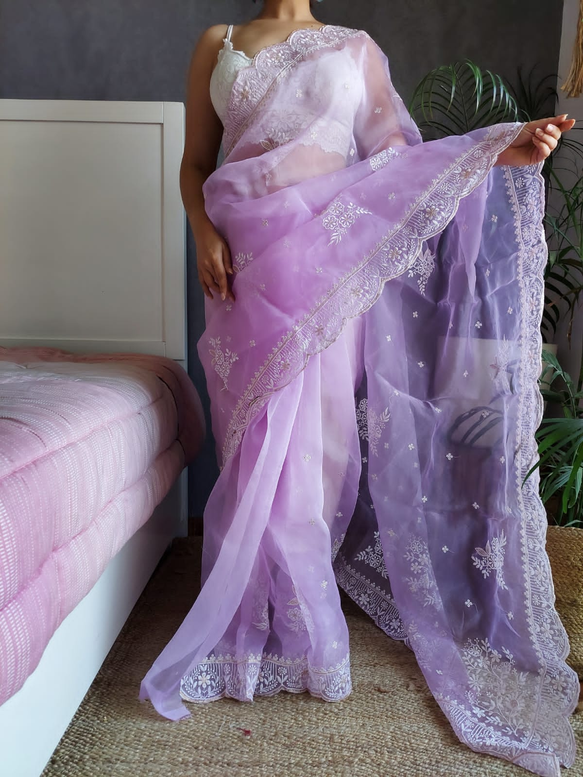 Lavender Color Thread Sequence Work Organza Saree