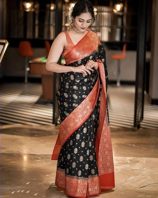 Captivating Golden Jari Black And Red Saree