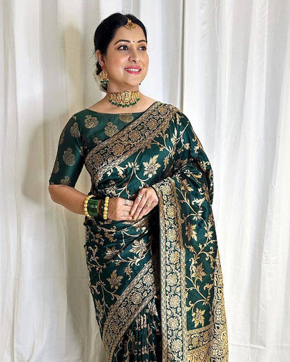 Elegant Dark Green Color Golden Designing Saree