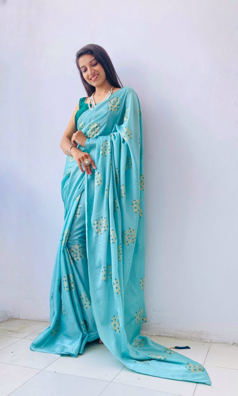 Party Wear Sky Blue Color Foil Print Saree