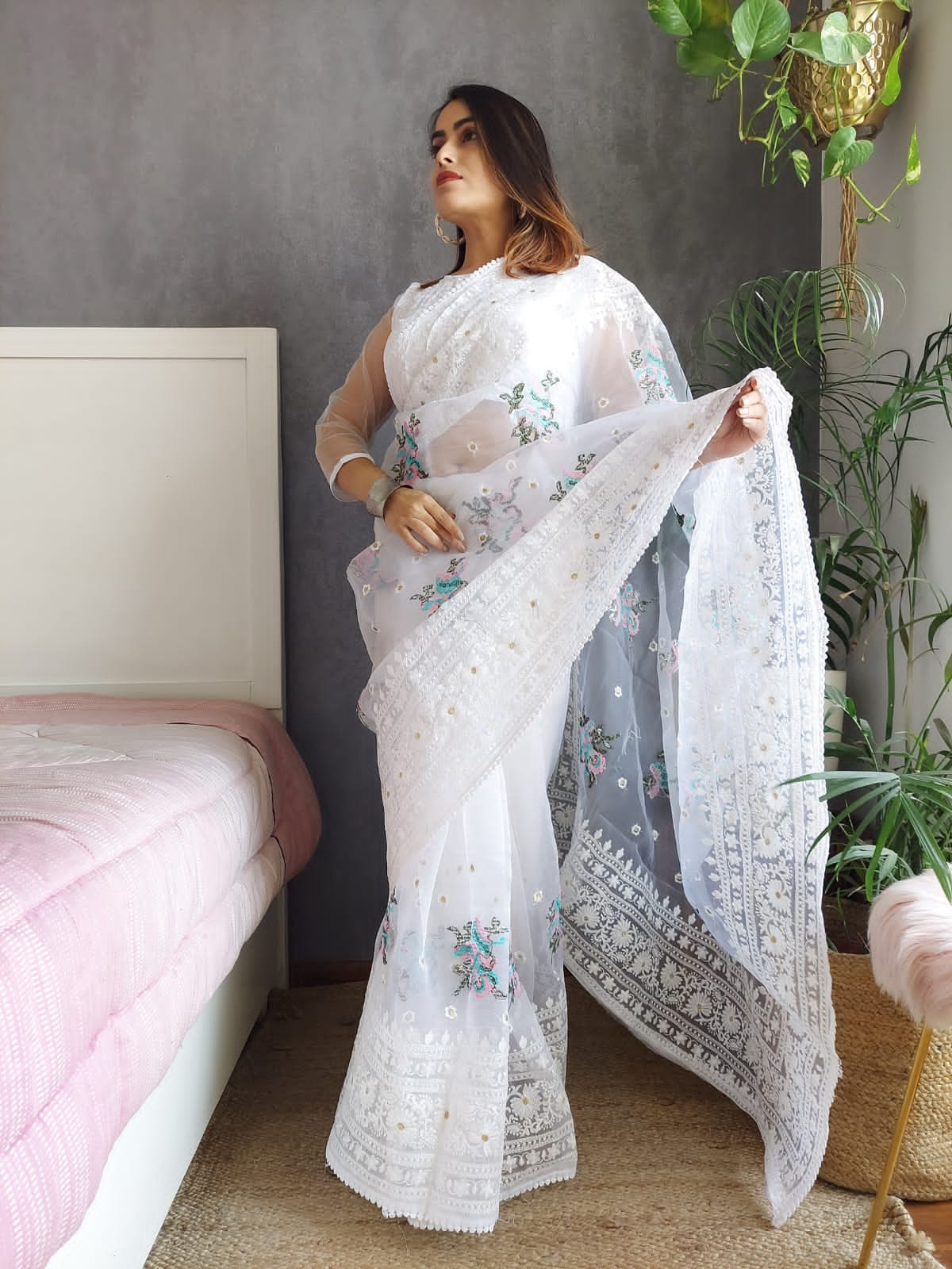 White Color Thread Flower Work Organza Silk Saree