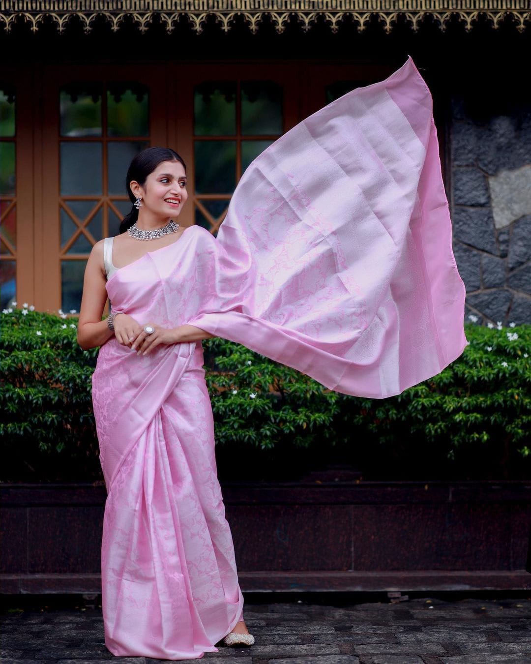 Baby Pink Color Silver Jari Work Stylish Saree