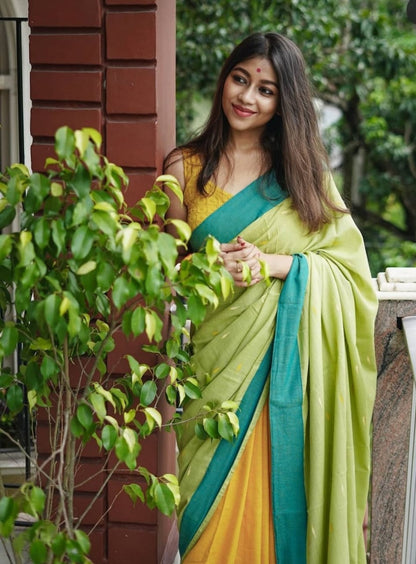 Fashionable Pista And Yellow Color Saree