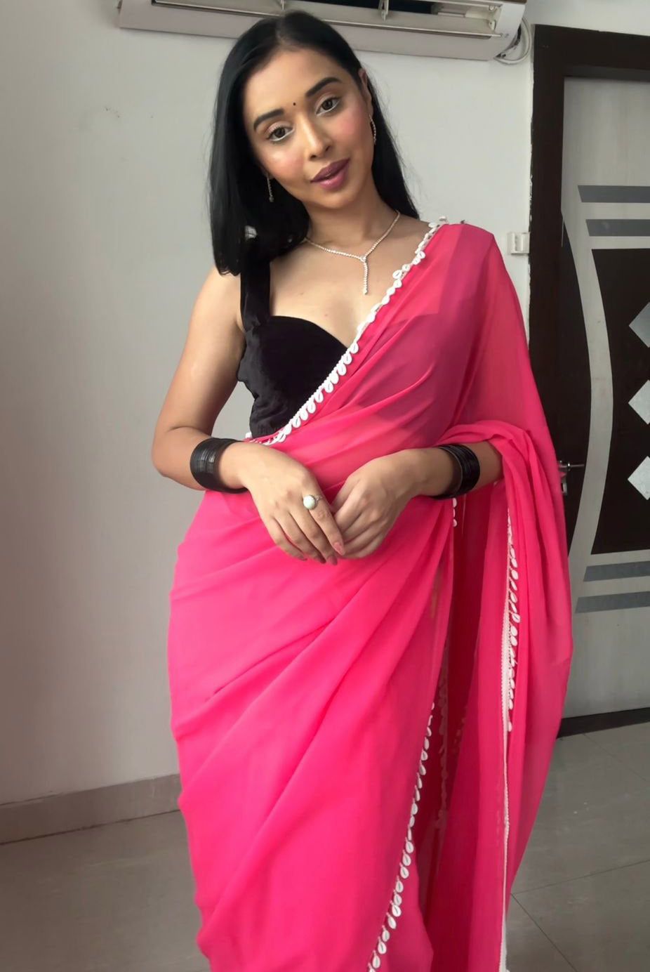 Party Wear Pink Color Ready To Wear Saree