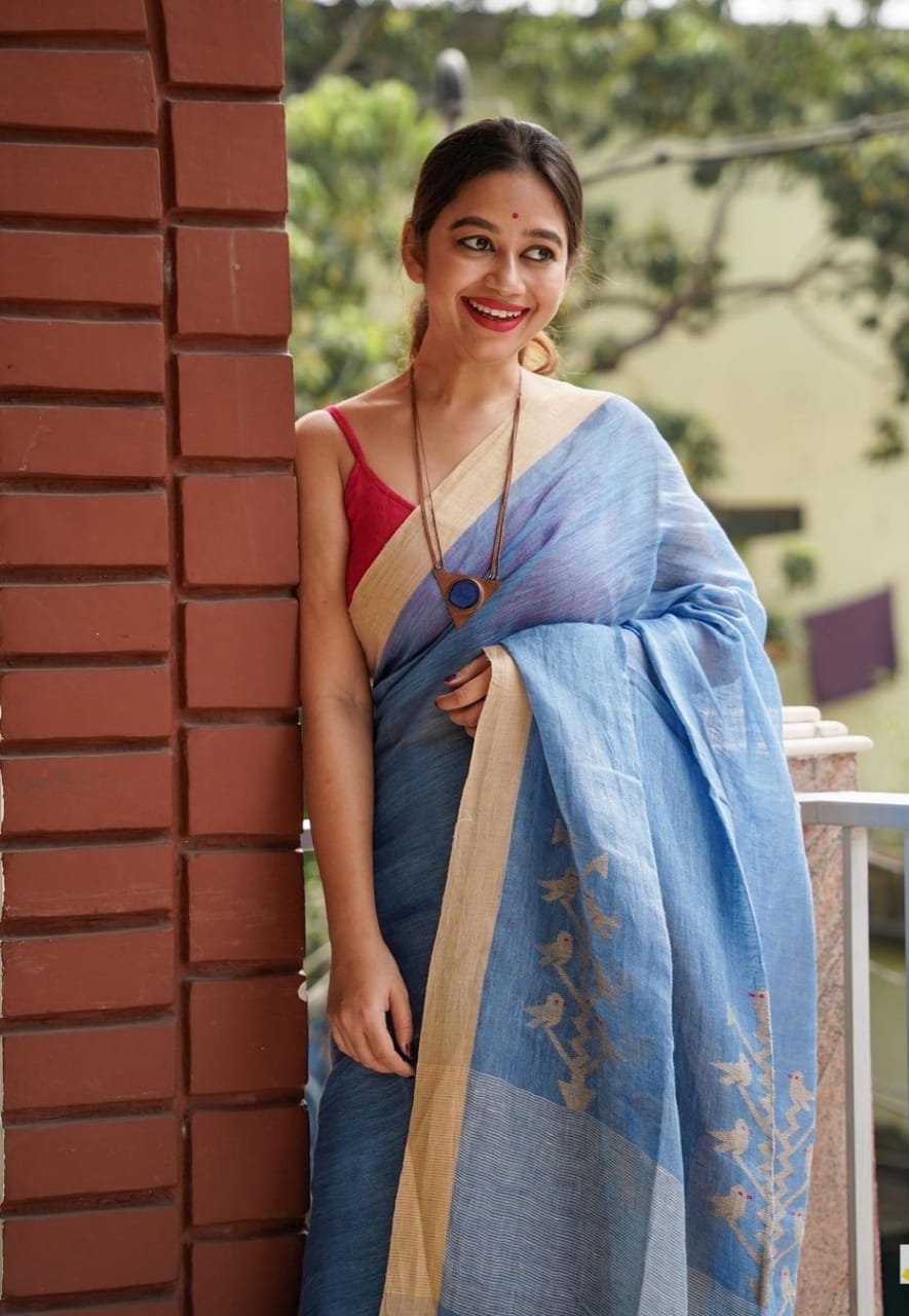 Stunning Sky Blue Color Cotton Silk Saree