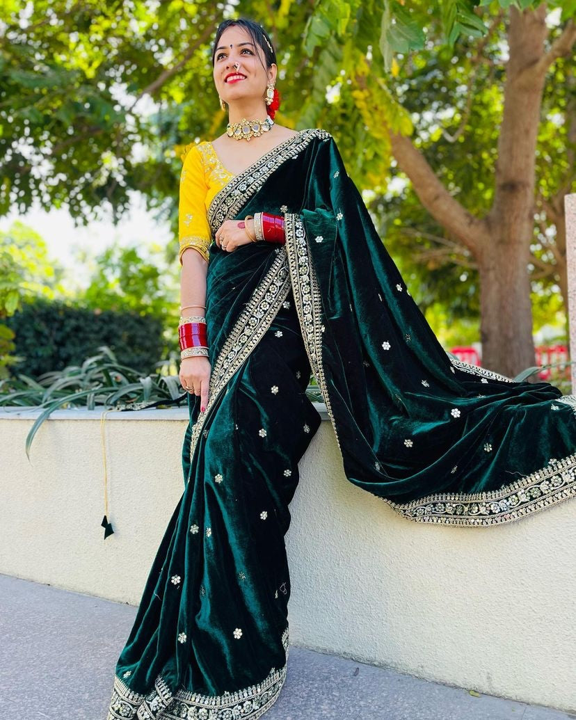 Heavy Dark Green Color Velvet Saree With Amazing Blouse