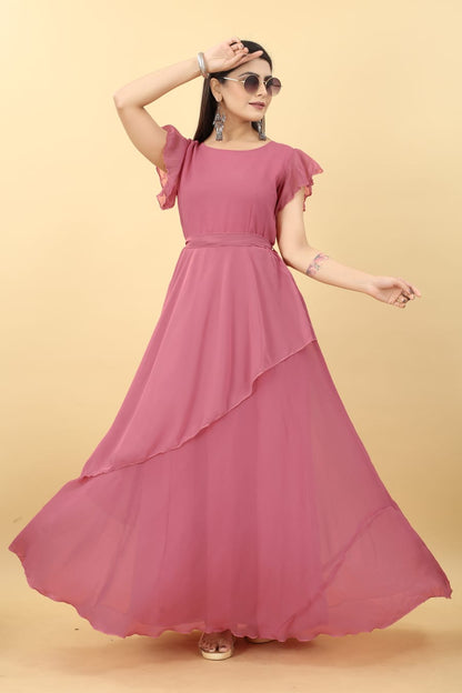 Simple Party Wear Peach Color Gown