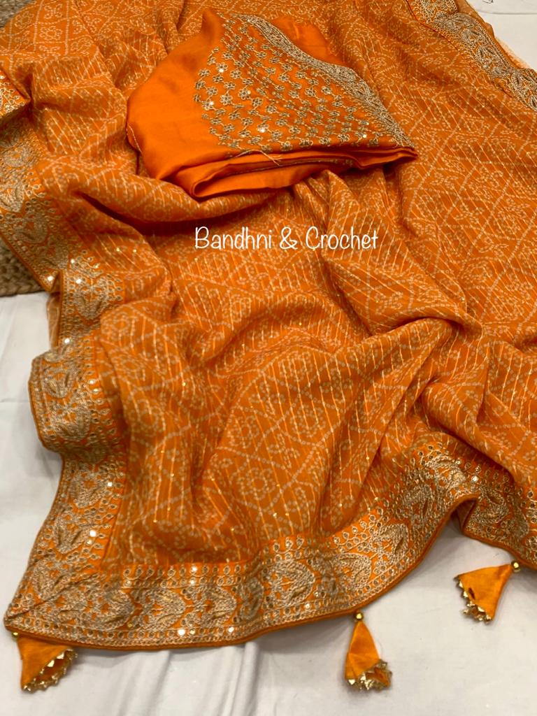 Bandhani Print Border Work Mustard Yellow Color Saree