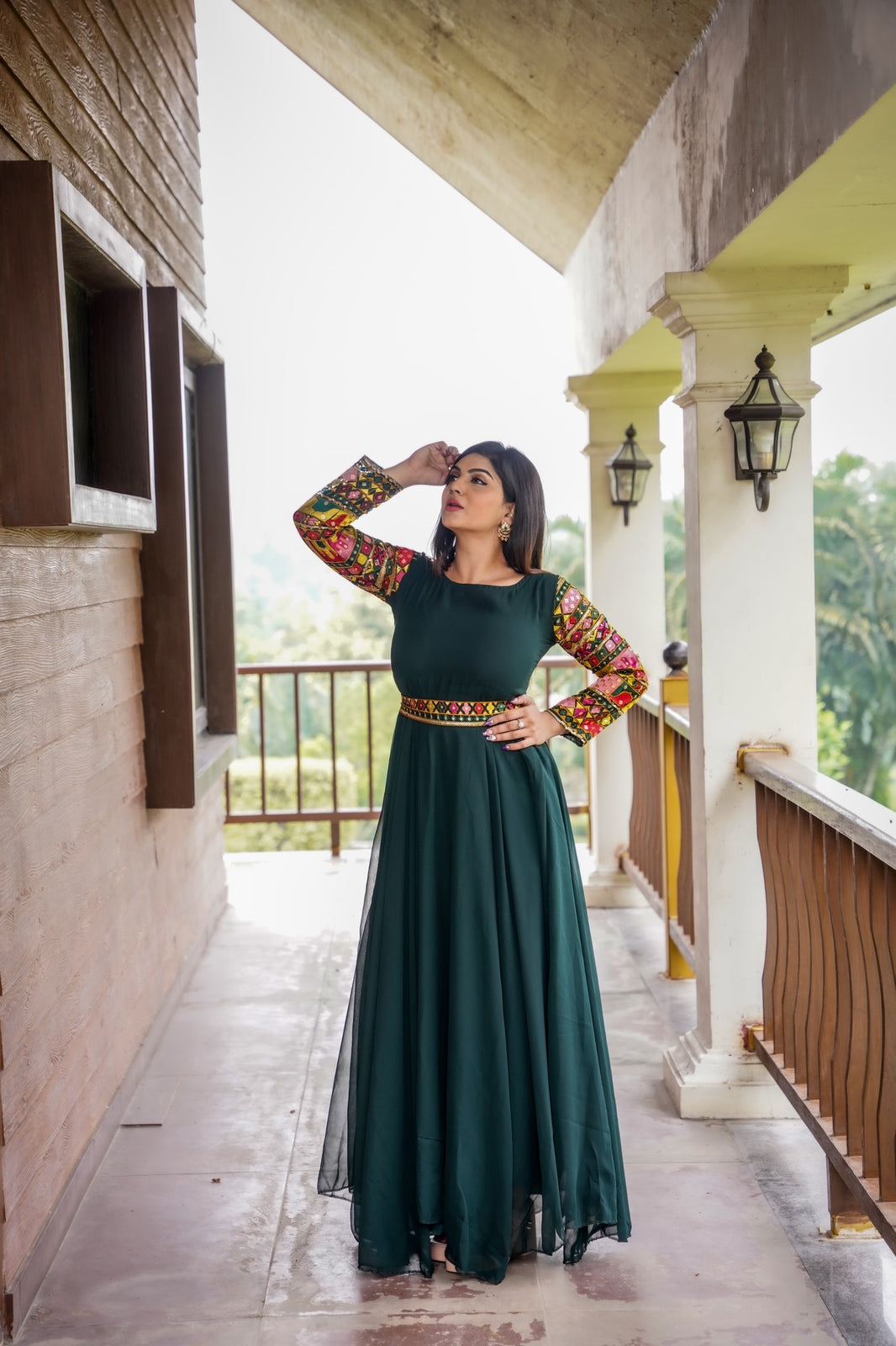 Beautiful Full Work Sleeve Green Color Gown With Belt