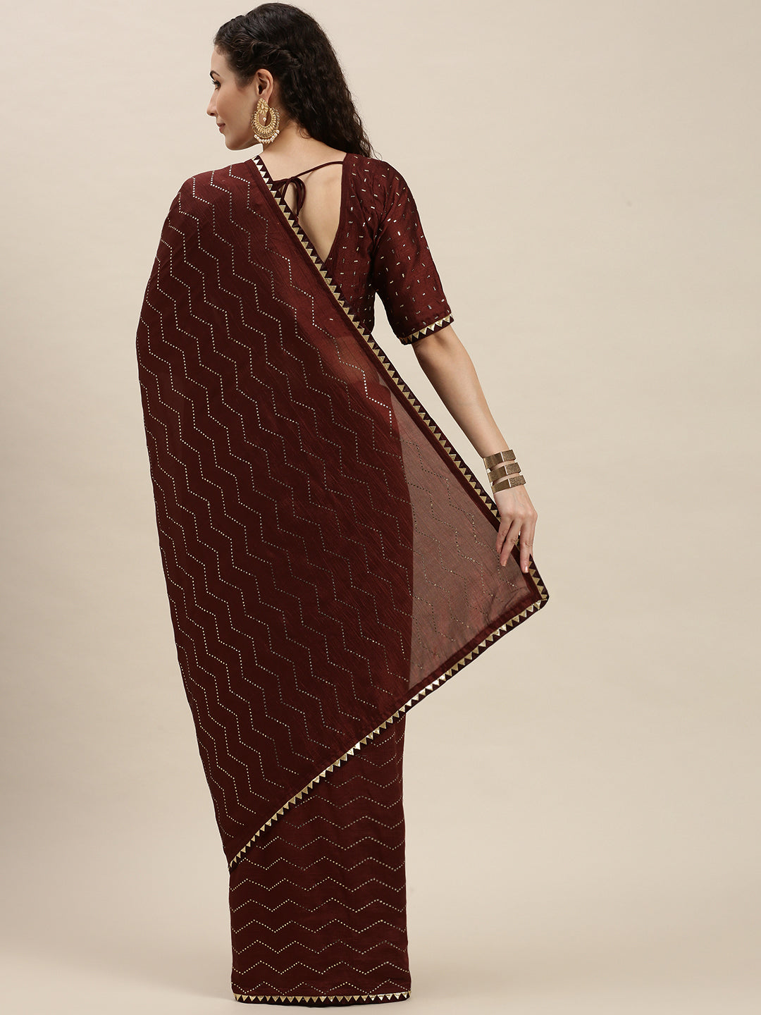 Stunning Maroon Gold Beads and Stones Work Art Silk Saree