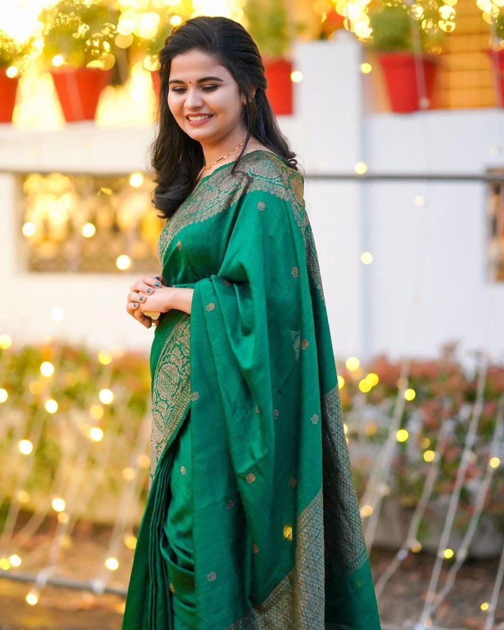 Luxuriant Green Color Coper Work Saree