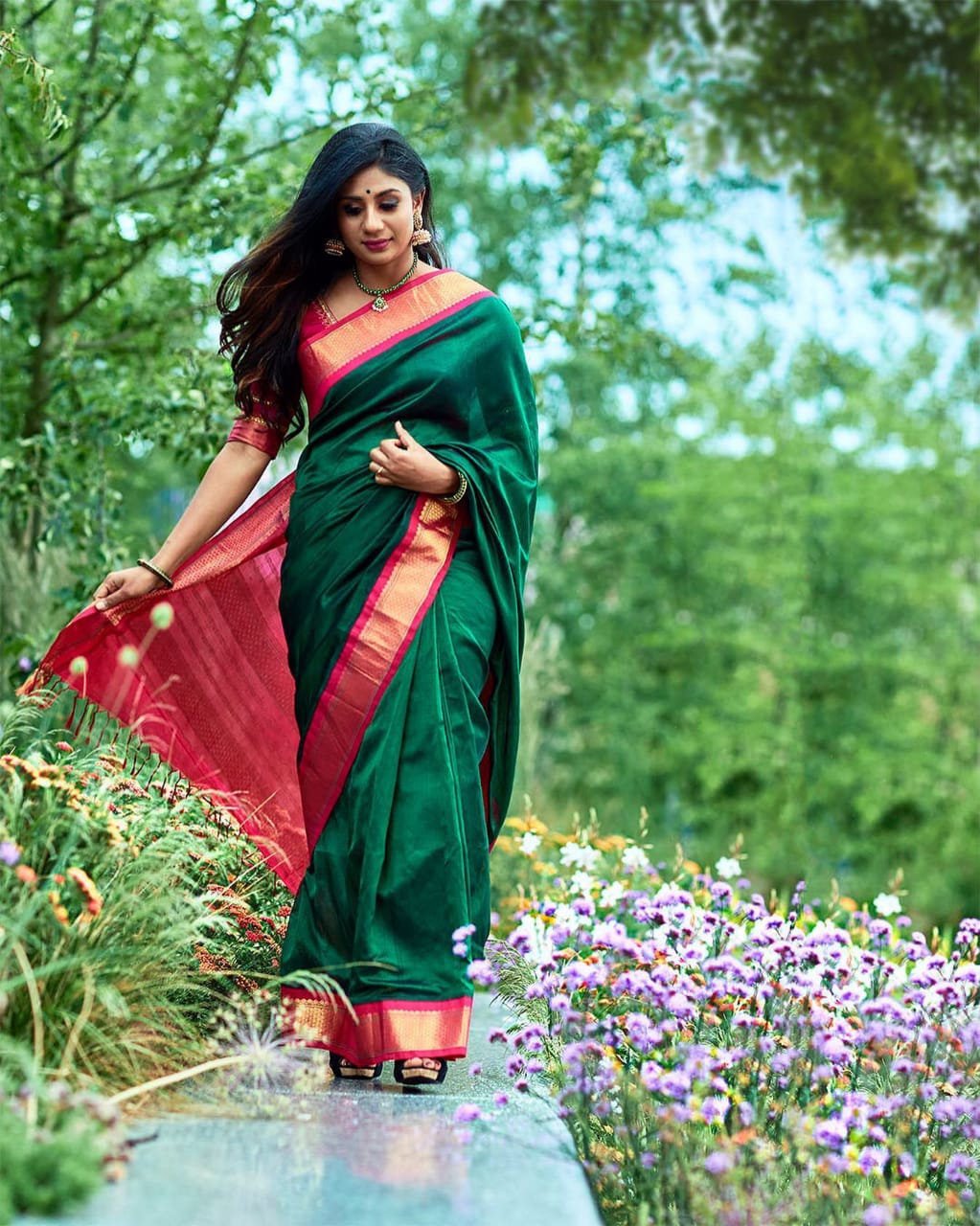 Green and Pink Golden Design Attractive Saree