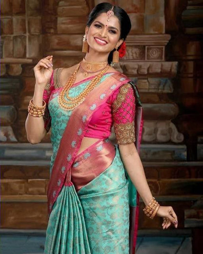 Pretty Sky Blue With Pink Color Soft Lichi Silk Saree