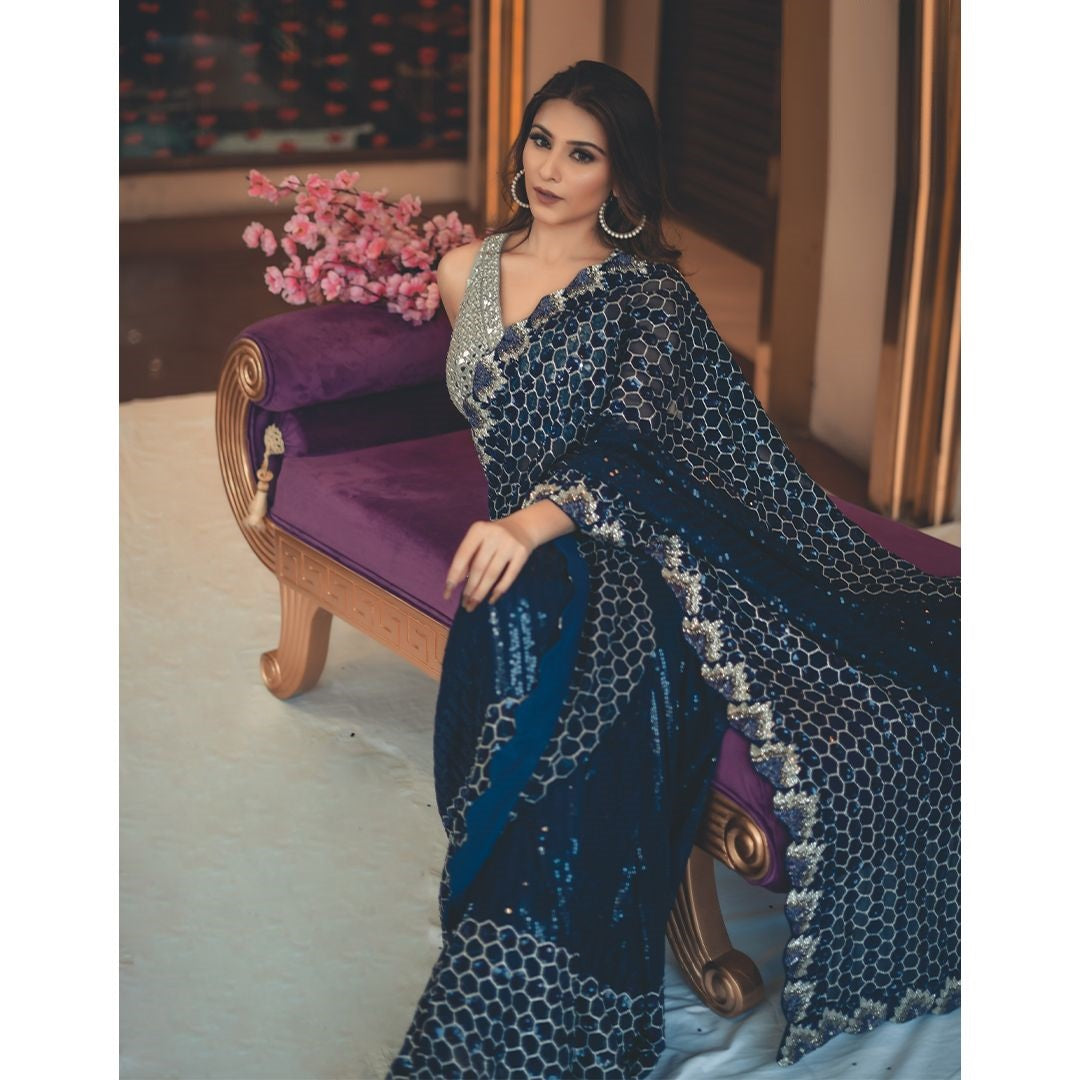 Party Wear Navy Blue Color Sequin Zari Work Saree