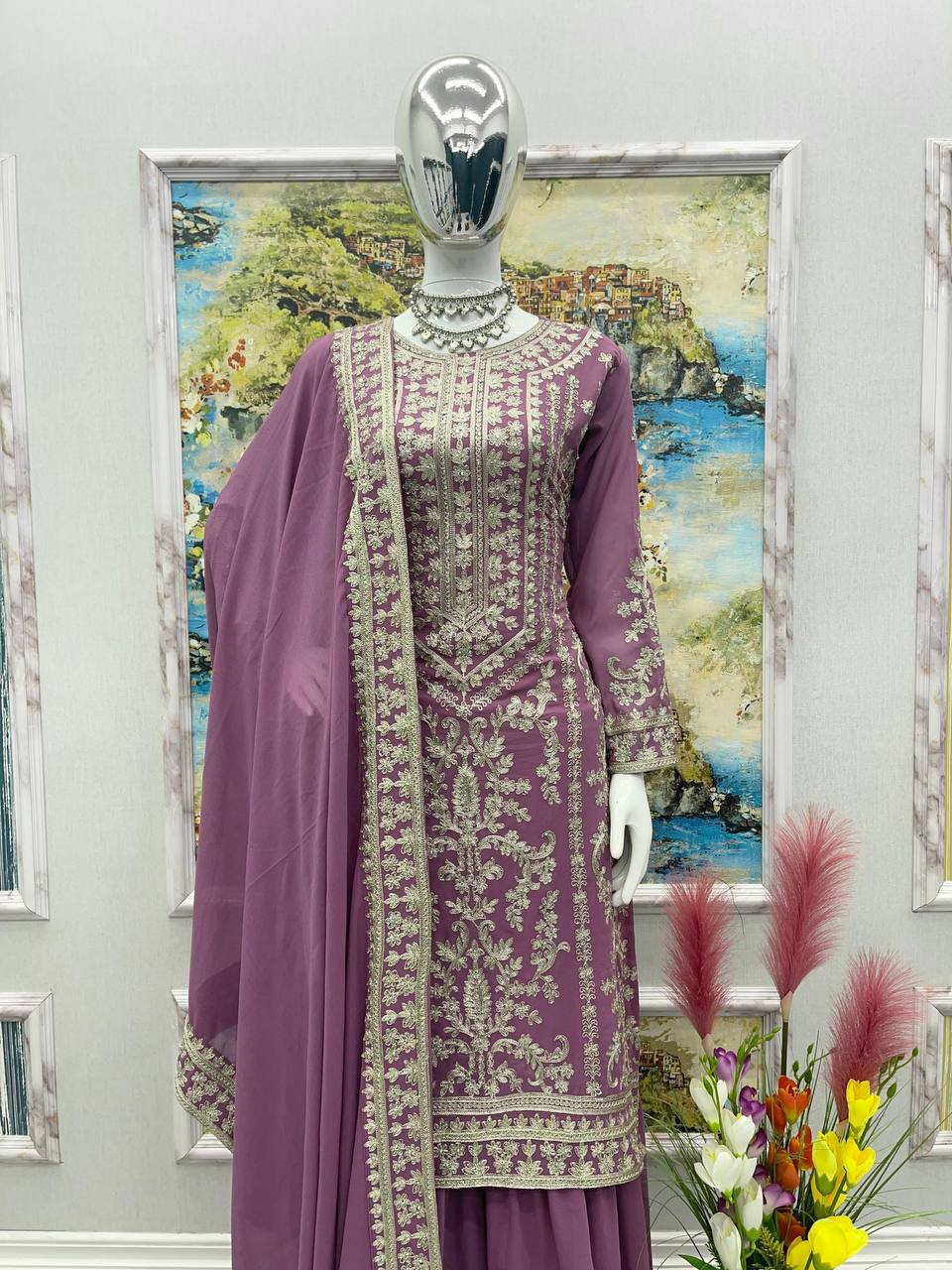 Dusty Pink Color Beautiful Work Sharara Suit