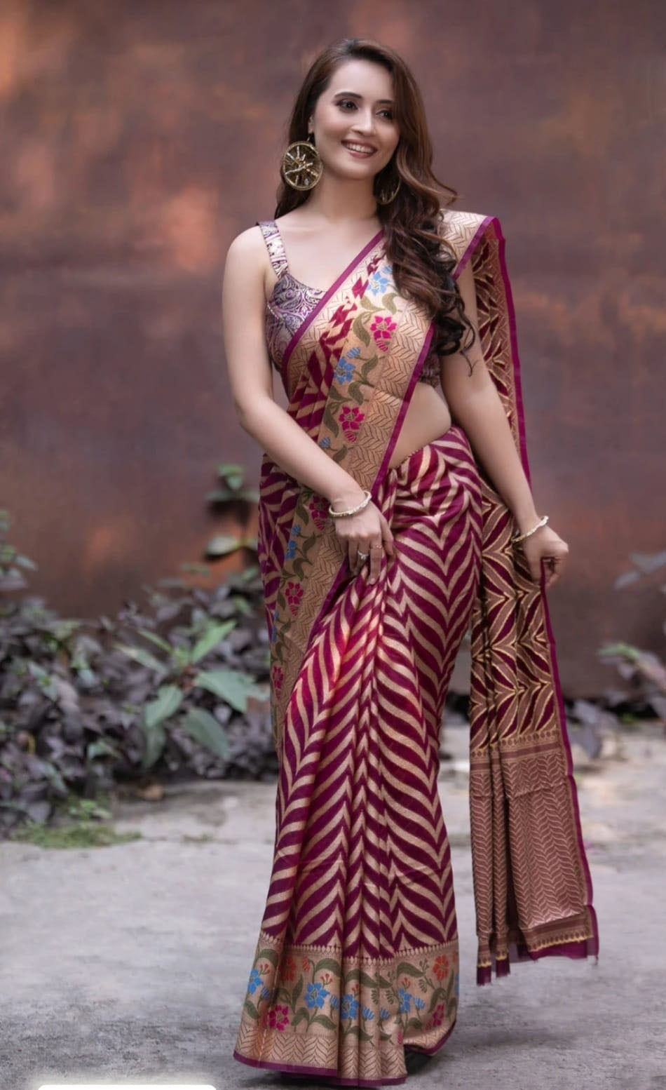 Elegant Wine Color Leheriya Banarasi Silk Saree