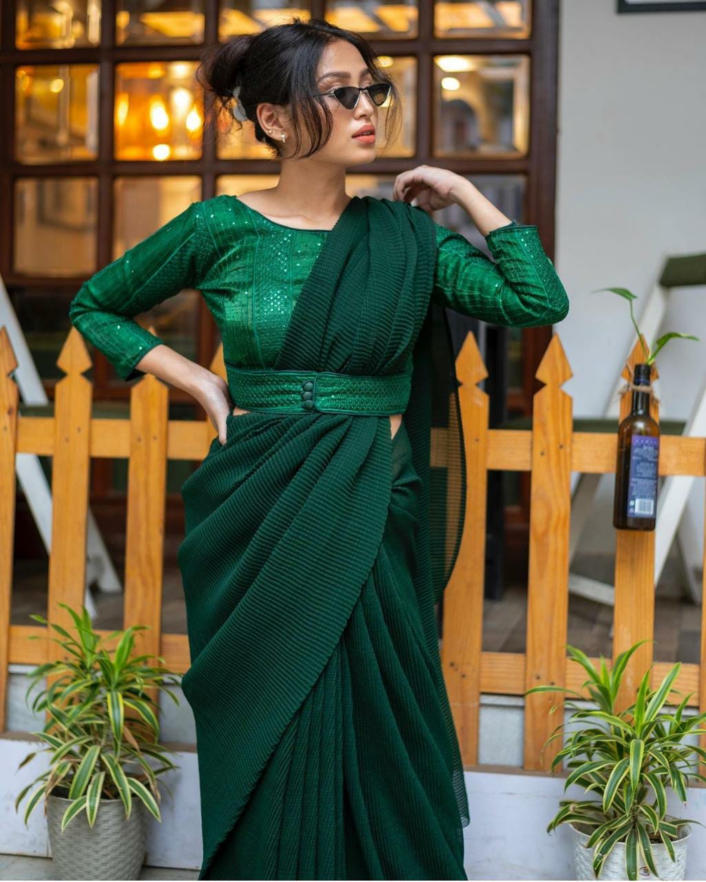 Dark Green Color Plated Saree And Attached Belt Blouse