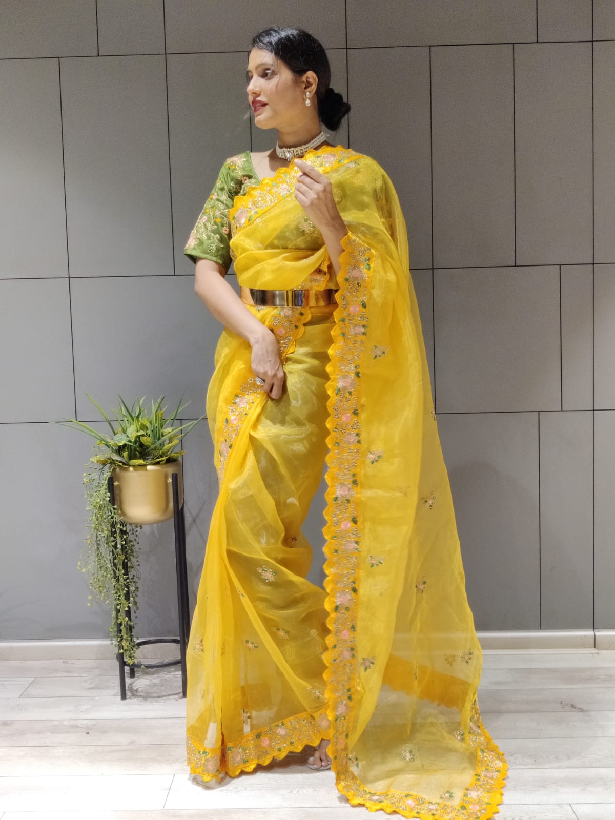 Yellow Color Multi Work Ready To Wear Organza Saree