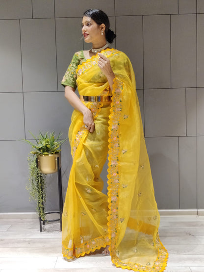 Yellow Color Multi Work Ready To Wear Organza Saree